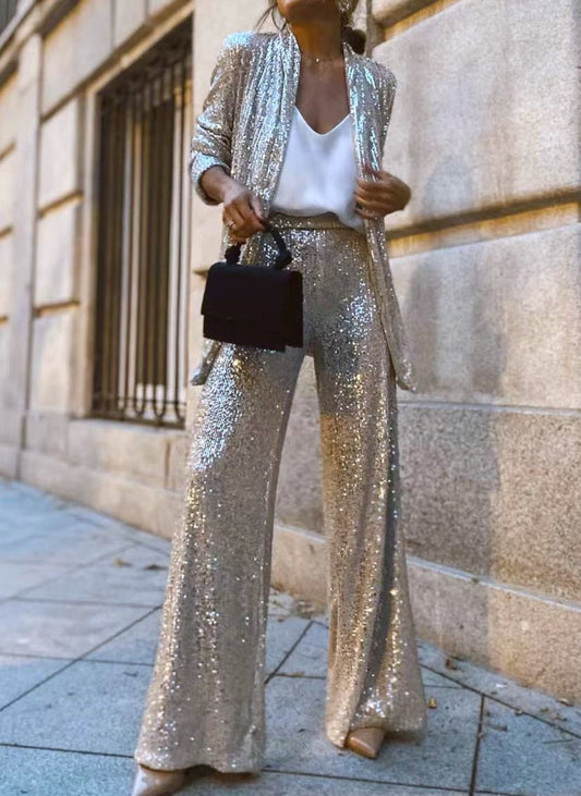 Party Sequin Blazer Elastic Waist Pants Set